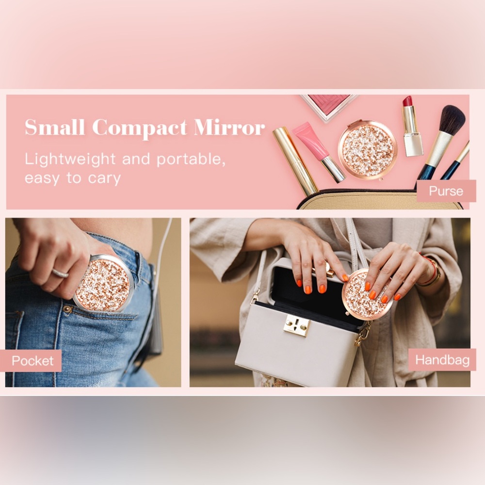 Glam Compact Mirror in Sparkling Gold with Organza Drawstring Dust Bag New - Picture 8 of 11